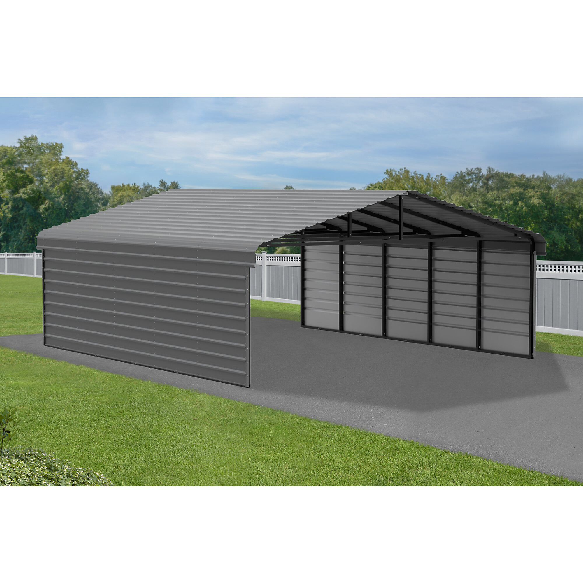 Arrow, Steel Carport w/ 2 Side Wall Kits 20x24x7 Width 243 in, Height 118 in, Cover Material Steel, Model# CPHC202407ECL2